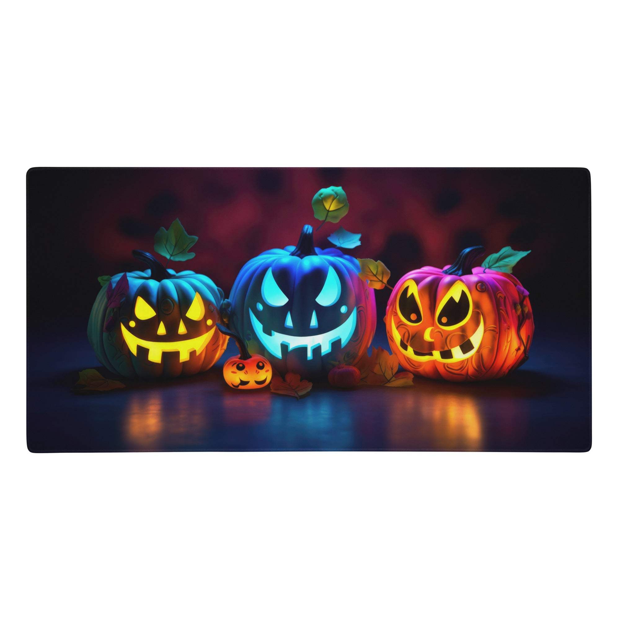 Halloween pumpkin gaming mouse pad with illuminated carved faces in blue and orange hues and a small jack-o-lantern decor