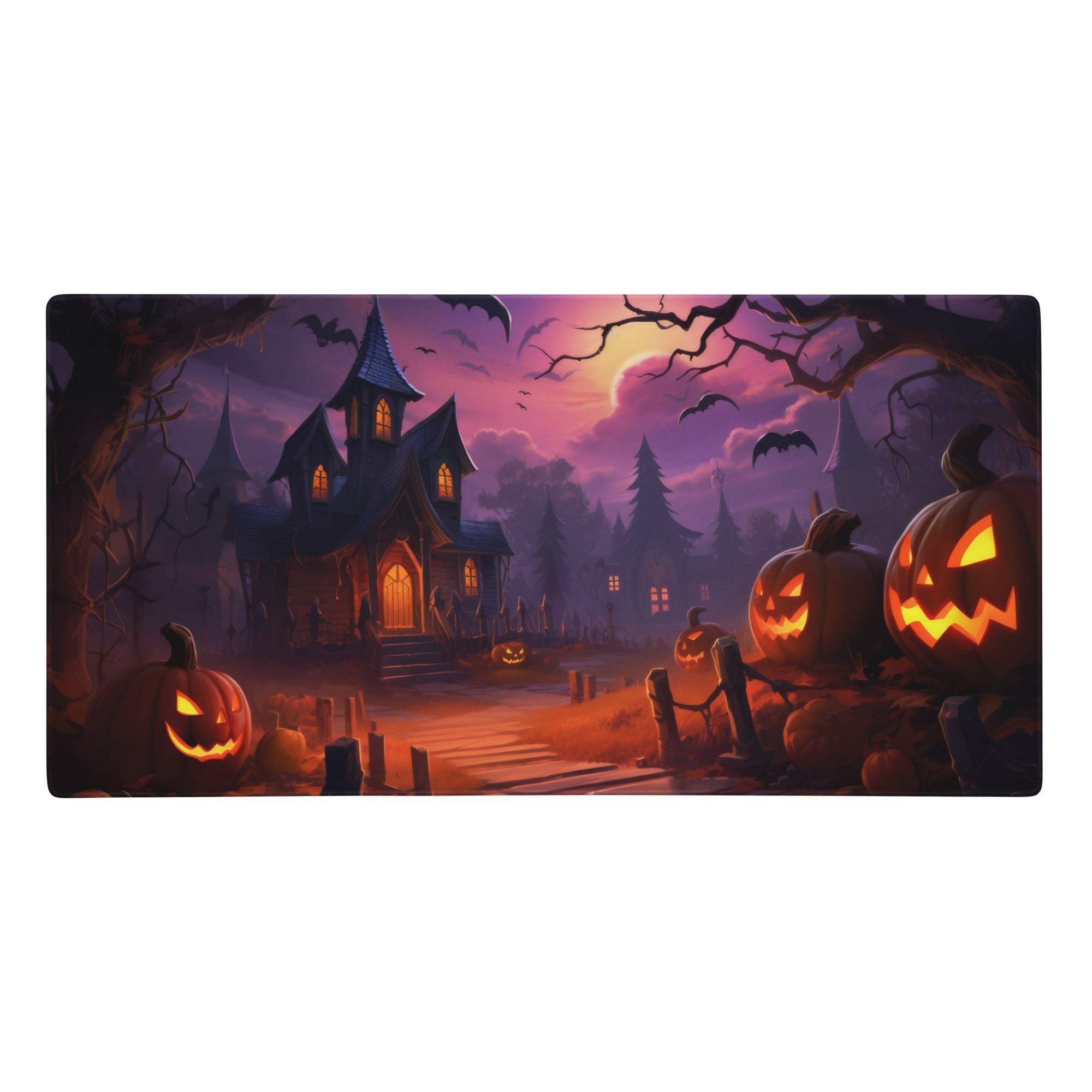 Haunted halloween mouse pad with spooky haunted house, glowing jack-o-lanterns, bats on purple and orange desk mat