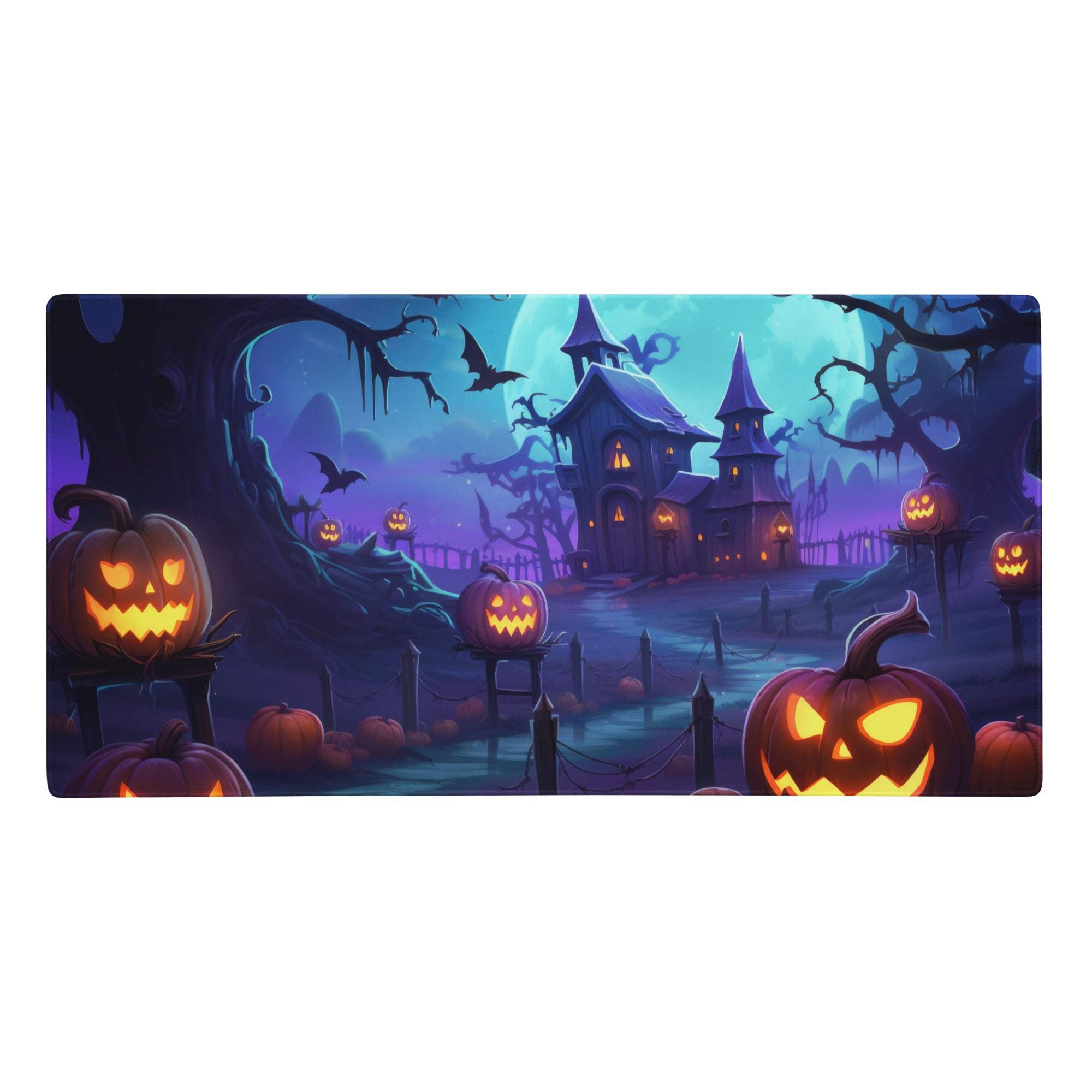 Halloween pumpkin gaming mouse pad with glowing orange jack o lanterns and haunted house under purple moonlit sky