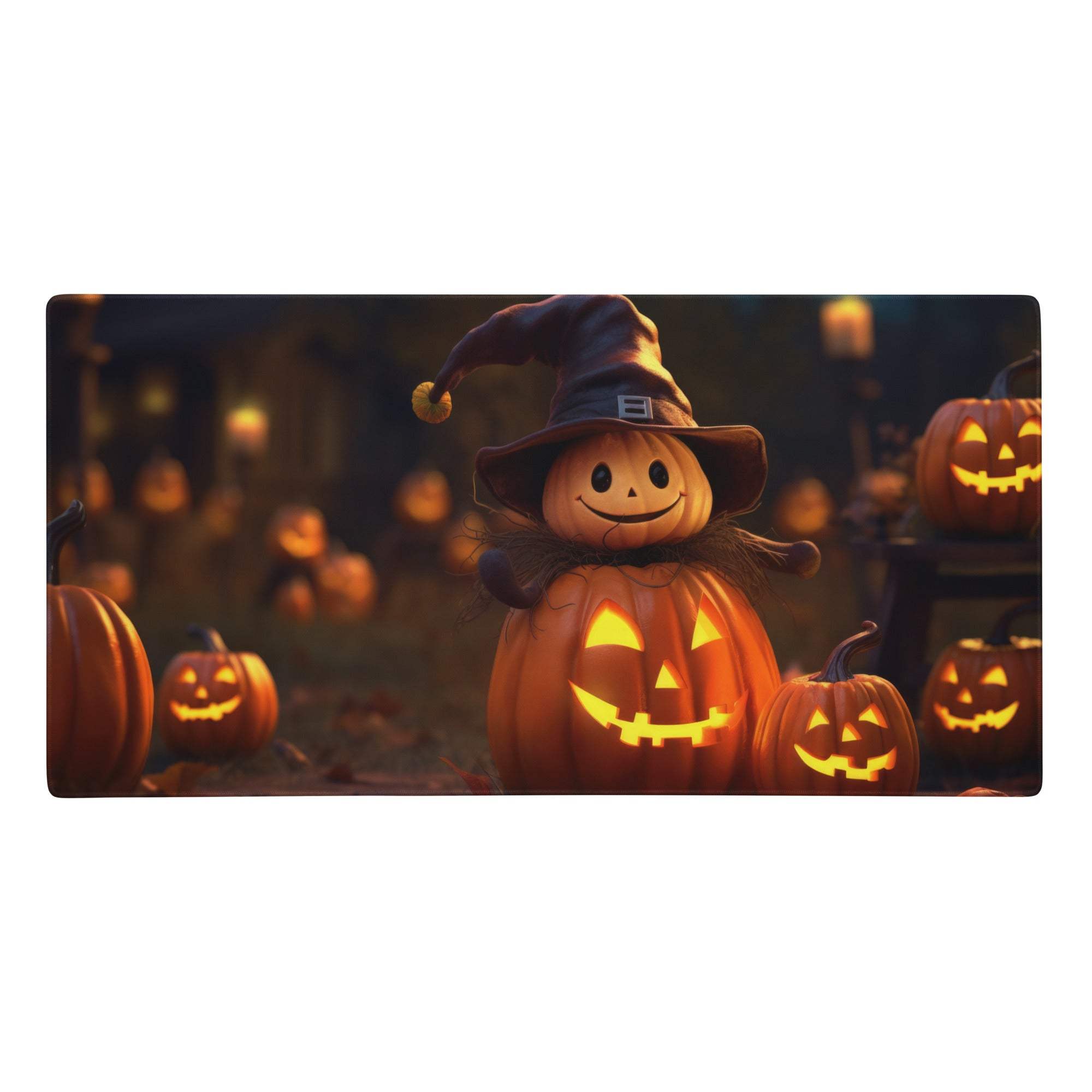 Halloween pumpkin glow mouse pad featuring a cheerful orange pumpkin with a black witch hat and glowing jack-o-lanterns