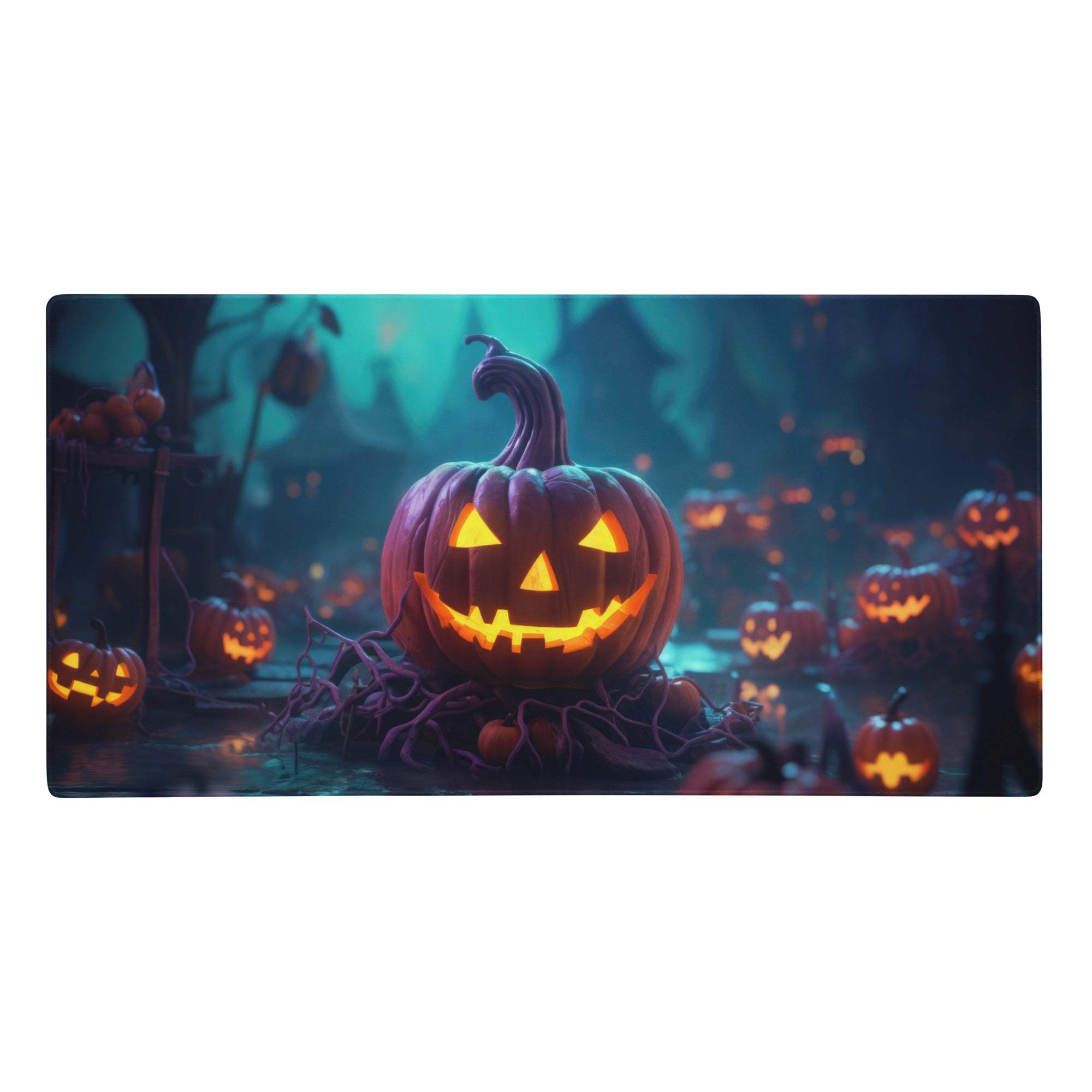 Pumpkin glow halloween mouse pad with a glowing orange jack-o-lantern and festive spooky halloween printed fabric design