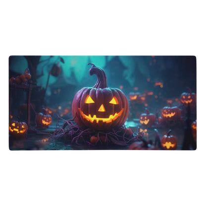 Pumpkin glow halloween mouse pad with a glowing orange jack-o-lantern and festive spooky halloween printed fabric design