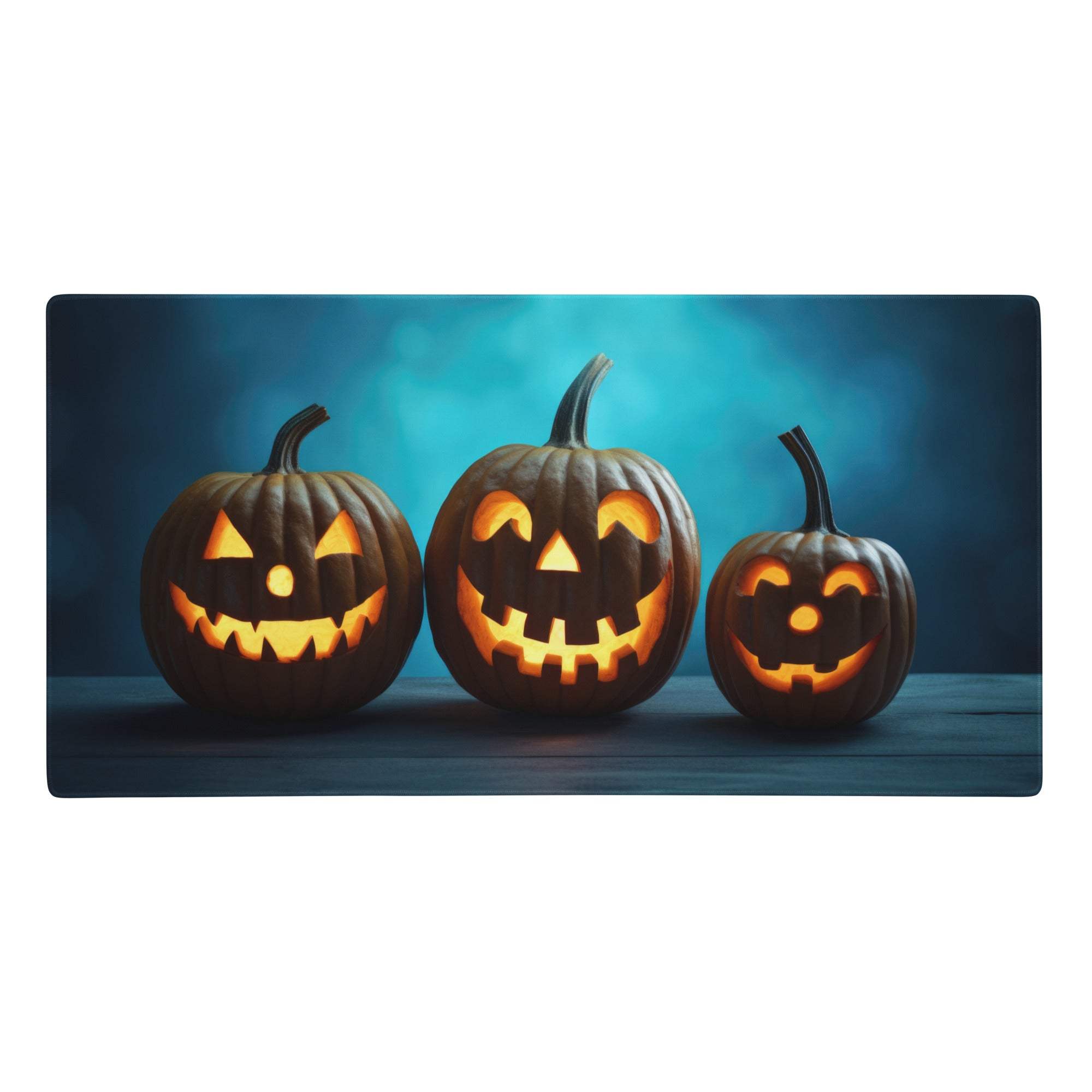 Halloween pumpkin glow mouse pad featuring three carved pumpkins with glowing orange interiors on dark blue backdrop