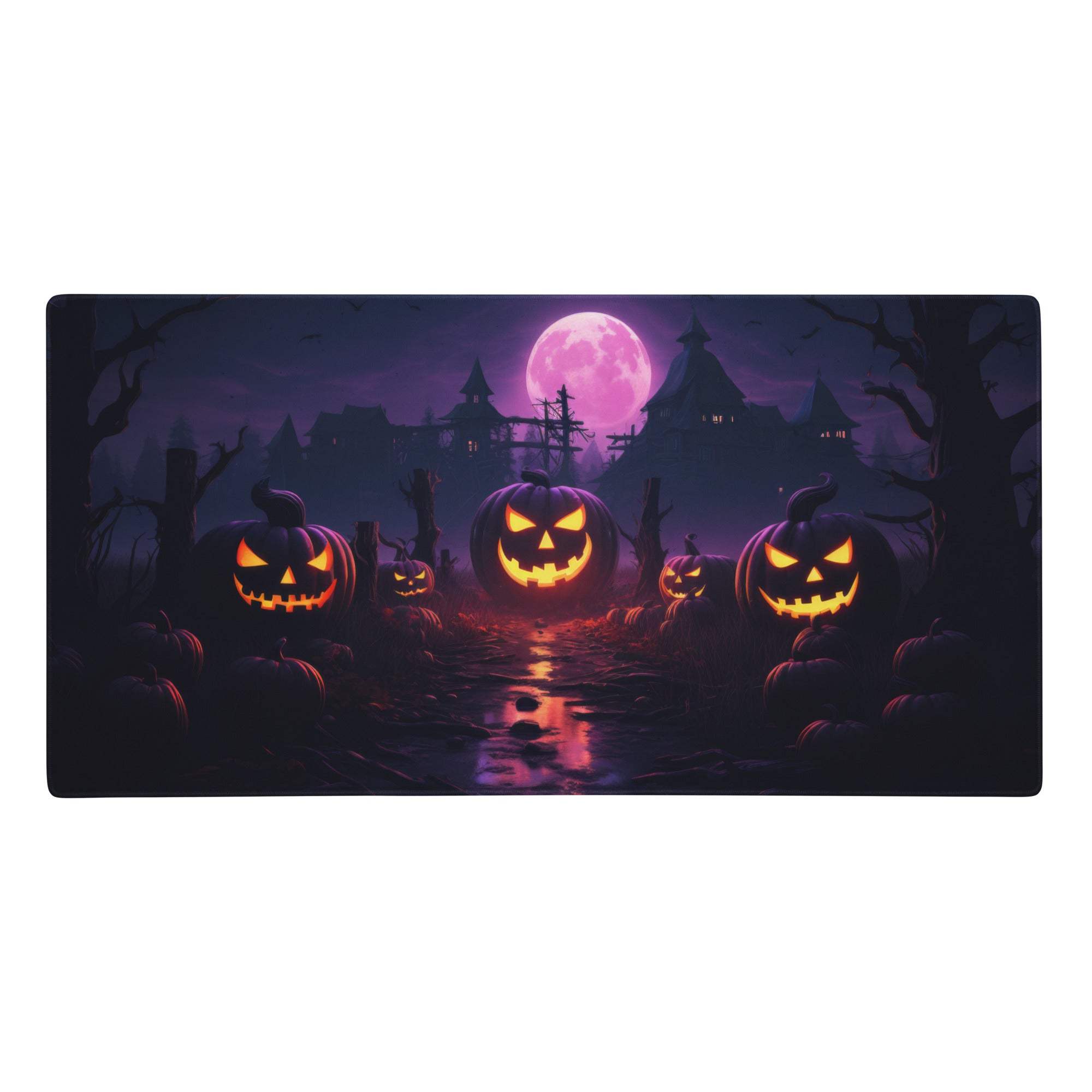 Halloween pumpkin purple gaming desk pad featuring glowing orange jack-o-lanterns under a pink full moon