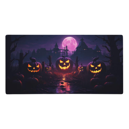 Halloween pumpkin purple gaming desk pad featuring glowing orange jack-o-lanterns under a pink full moon