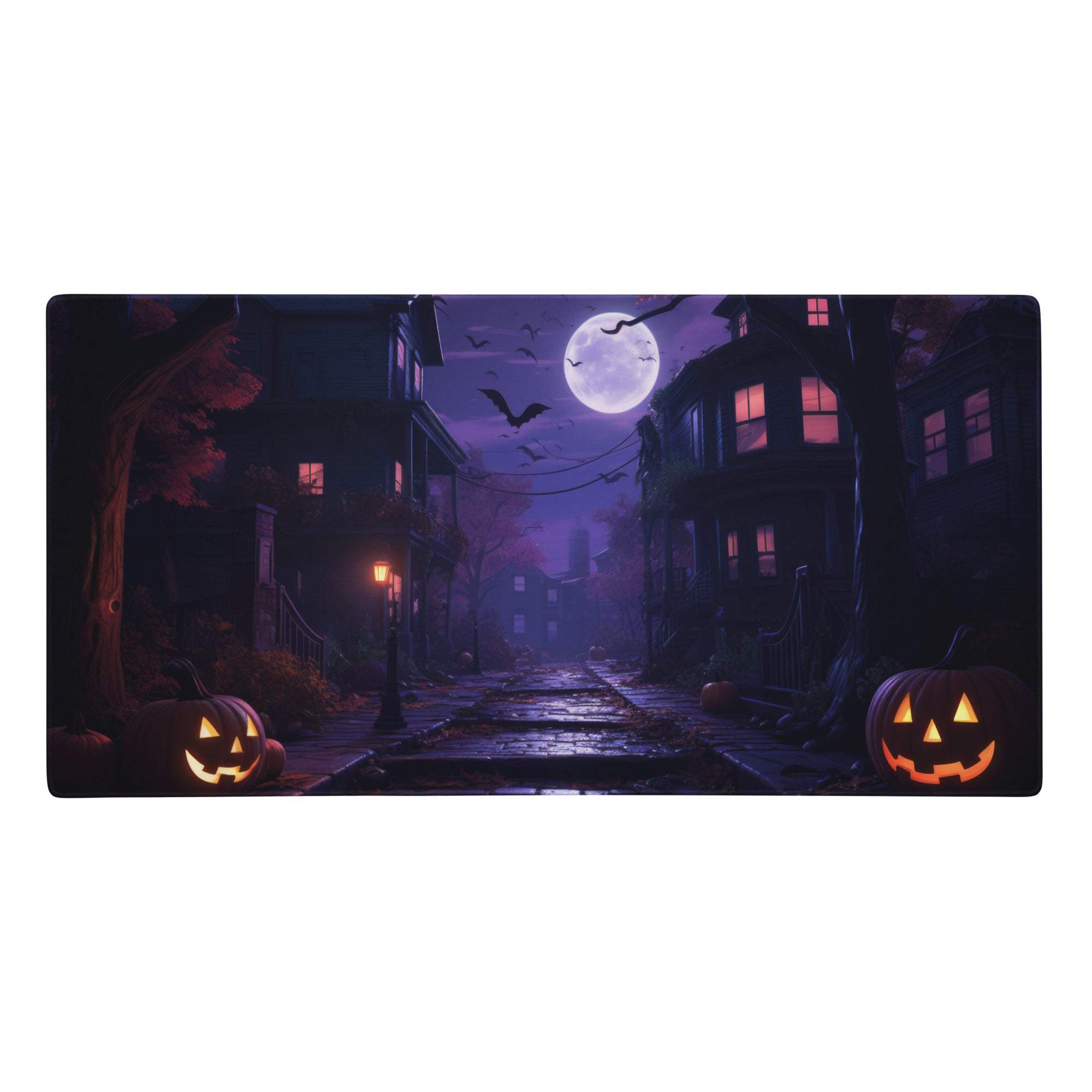 Halloween moonlit street scene mouse pad with glowing jack o lanterns bats and purple night sky for spooky desk setup