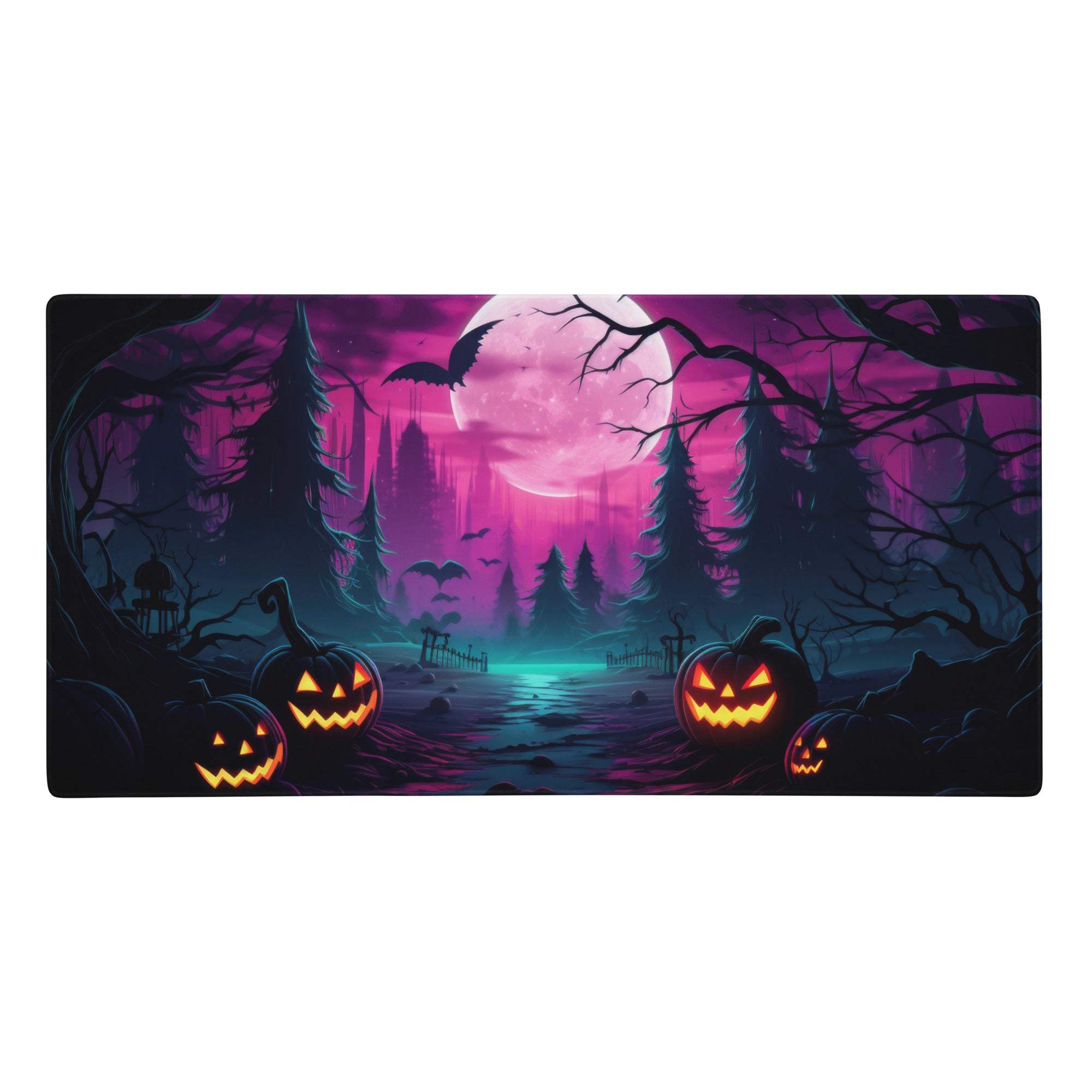 Neon halloween forest mouse pad with glowing orange jack-o-lanterns purple neon moonlit forest and pine tree silhouettes
