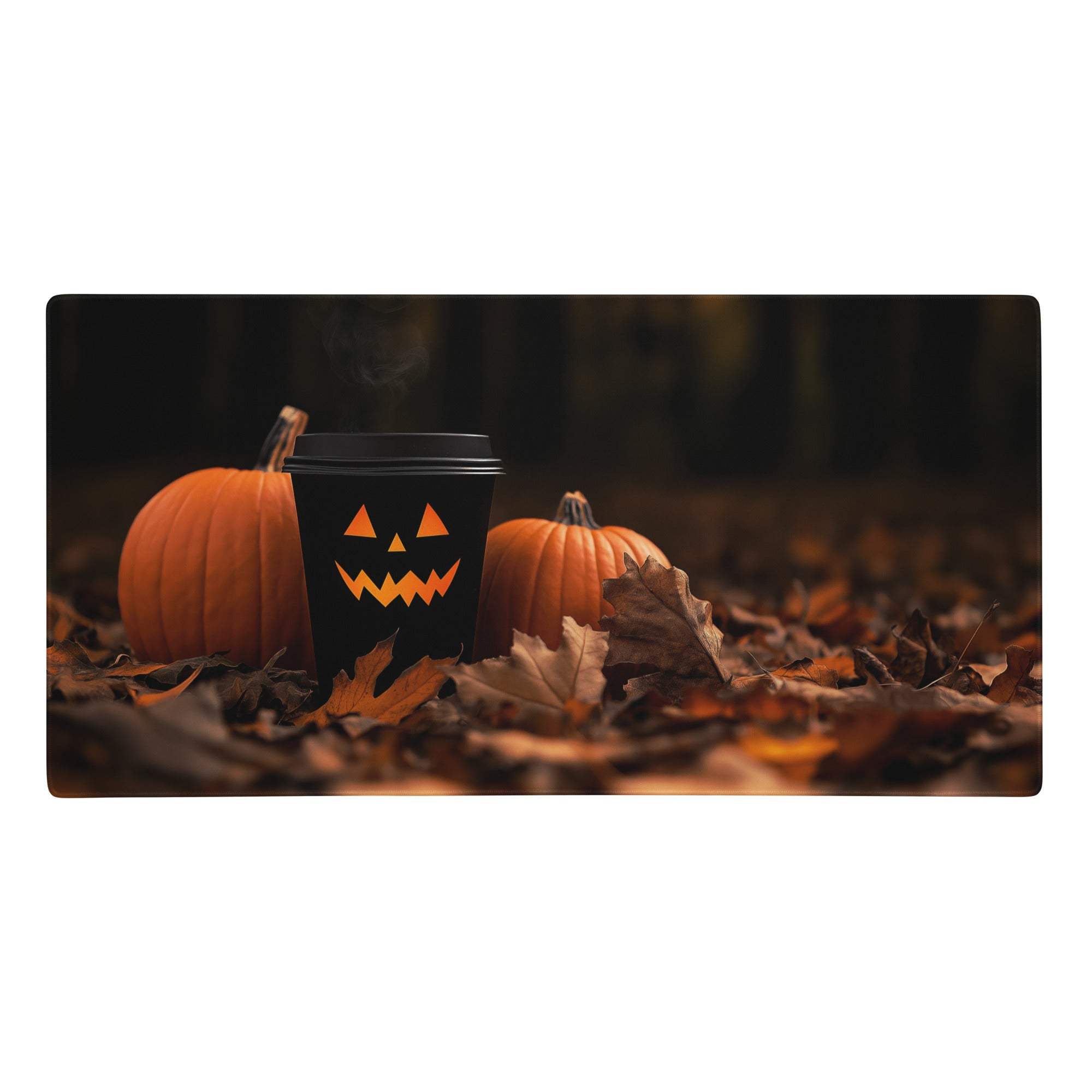 Black coffee cup with orange jack-o-lantern face design on a moody autumn halloween orange and black gaming mouse pad