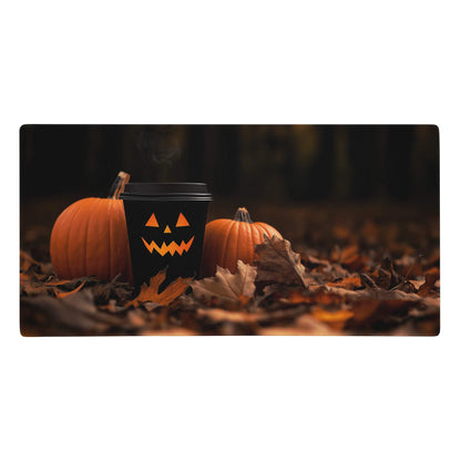 Black coffee cup with orange jack-o-lantern face design on a moody autumn halloween orange and black gaming mouse pad