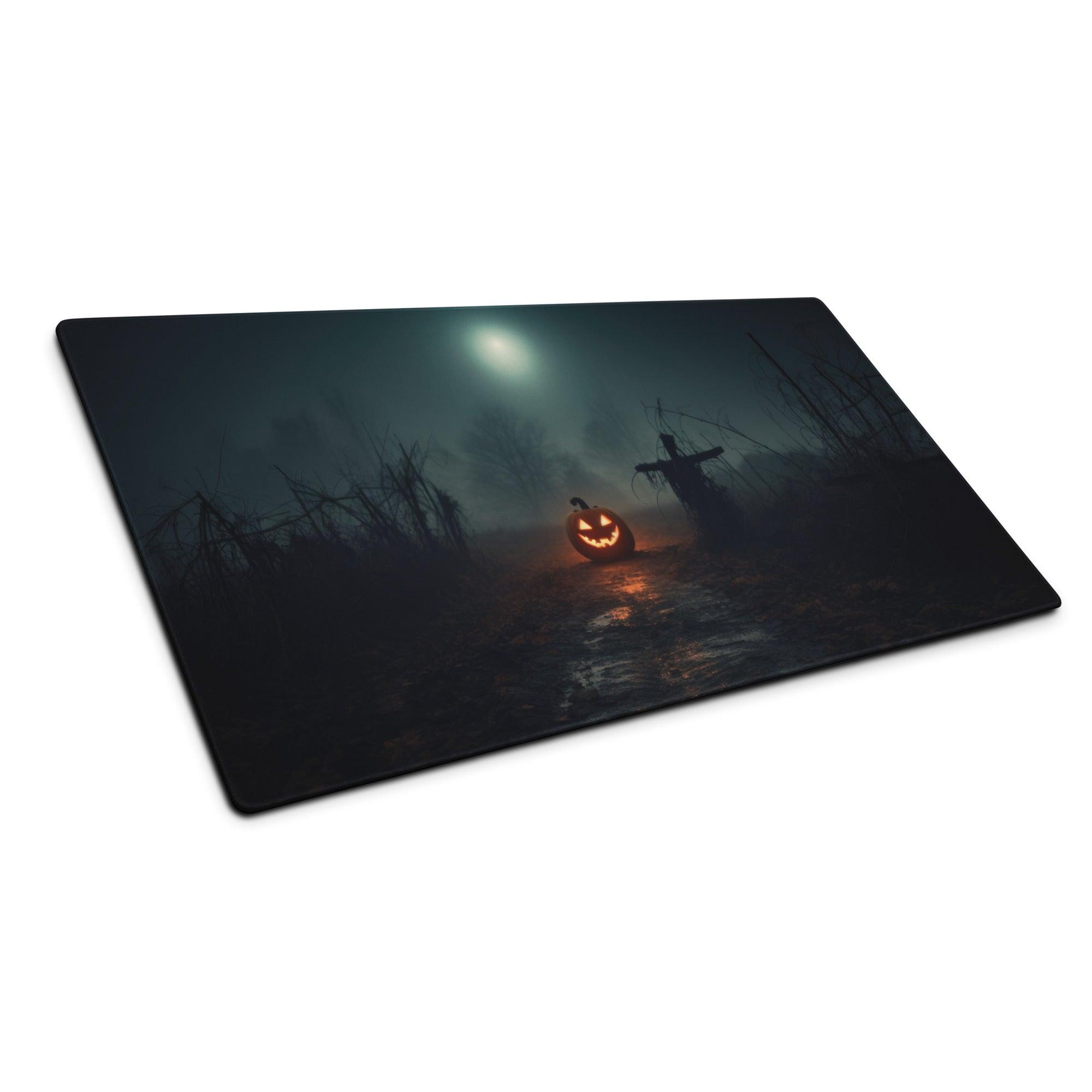 Black rectangular Halloween gaming mouse pad with orange jack-o-lantern, scarecrow, full moon, large size, non-slip base