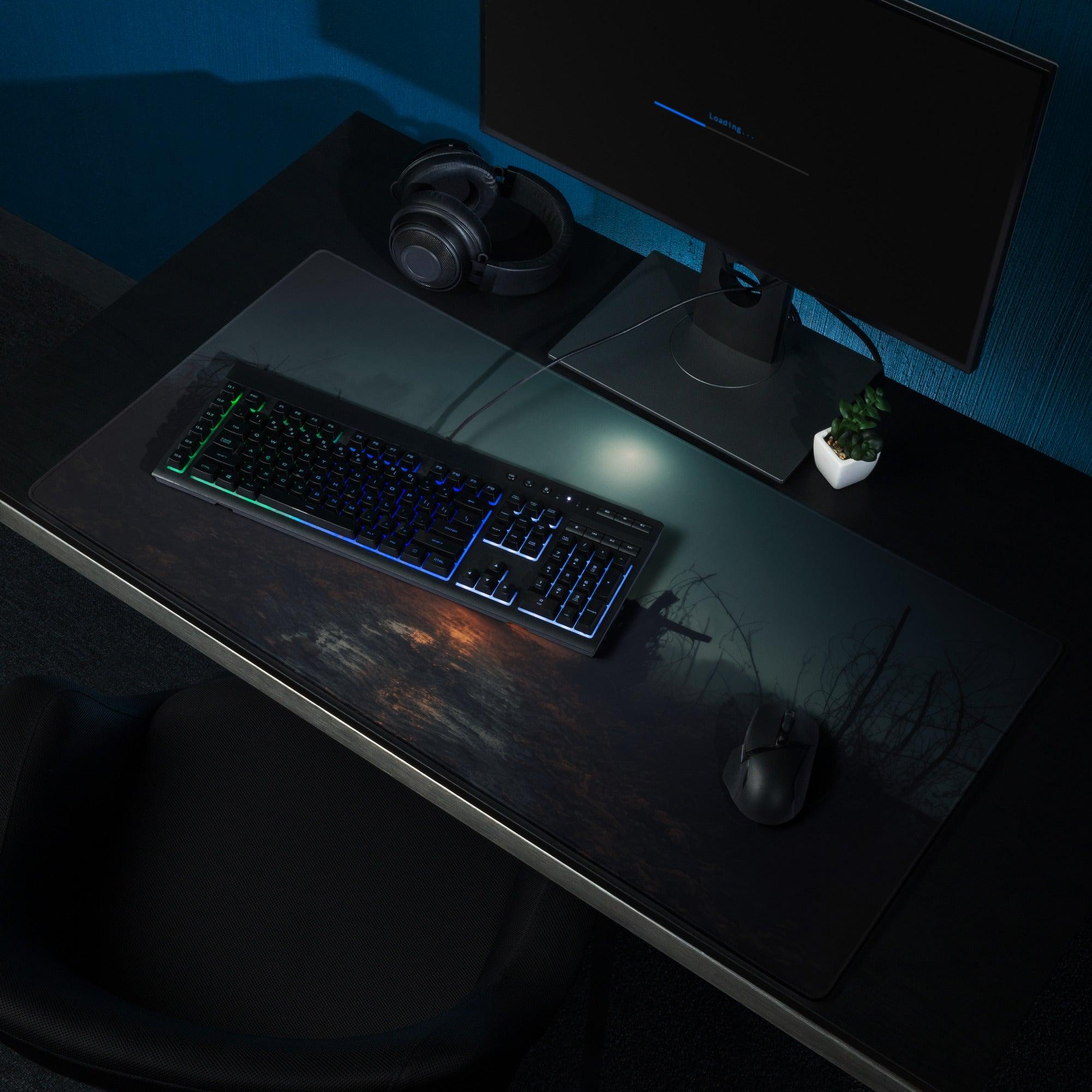 Black gaming mousepad with Halloween pumpkin scene and RGB glow