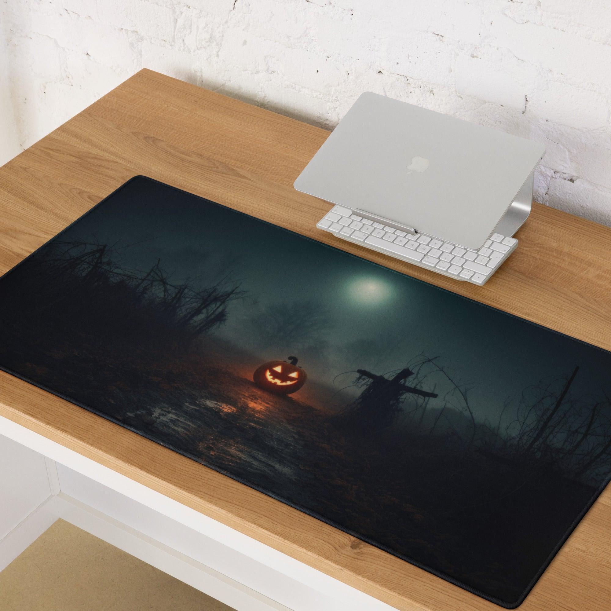 Black Halloween gaming mouse pad with jack-o-lantern, scarecrow, full moon