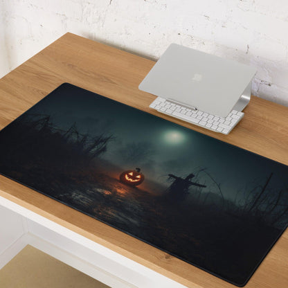 Black Halloween gaming mouse pad with jack-o-lantern, scarecrow, full moon