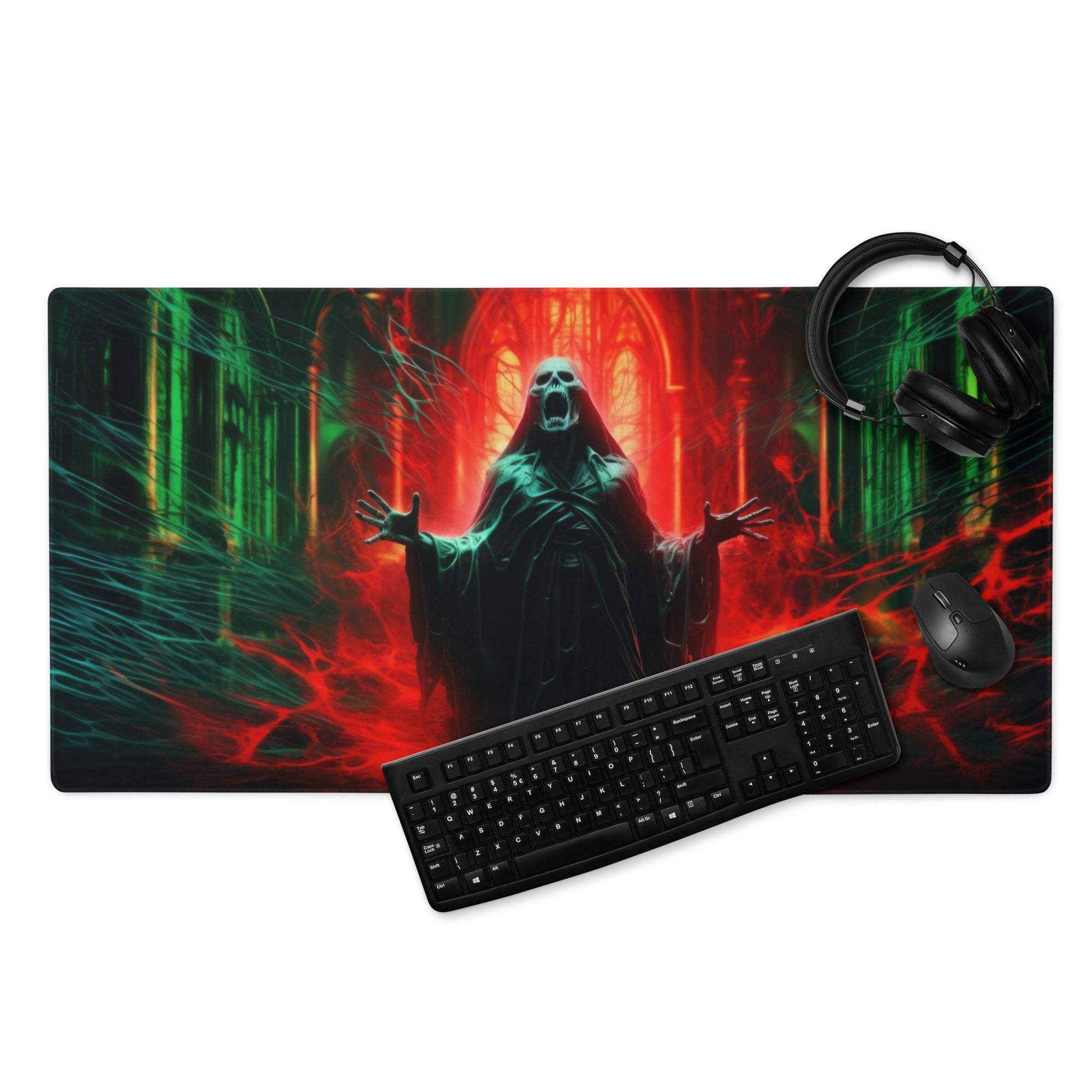 Dark gothic neon red green gaming mousepad with robed figure and cathedral design