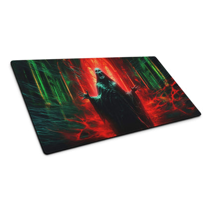 Dark gothic neon red green gaming mousepad with spectral robed figure
