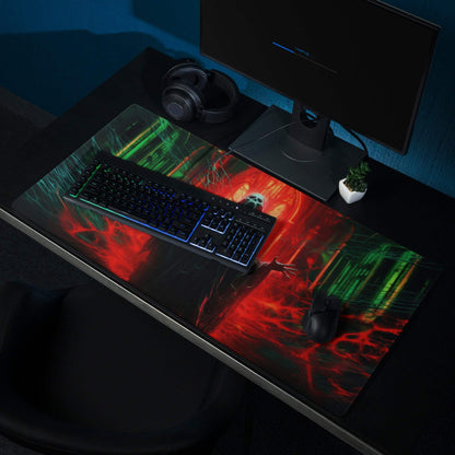 Dark gothic neon red green gaming mouse pad with fiery design and non-slip base