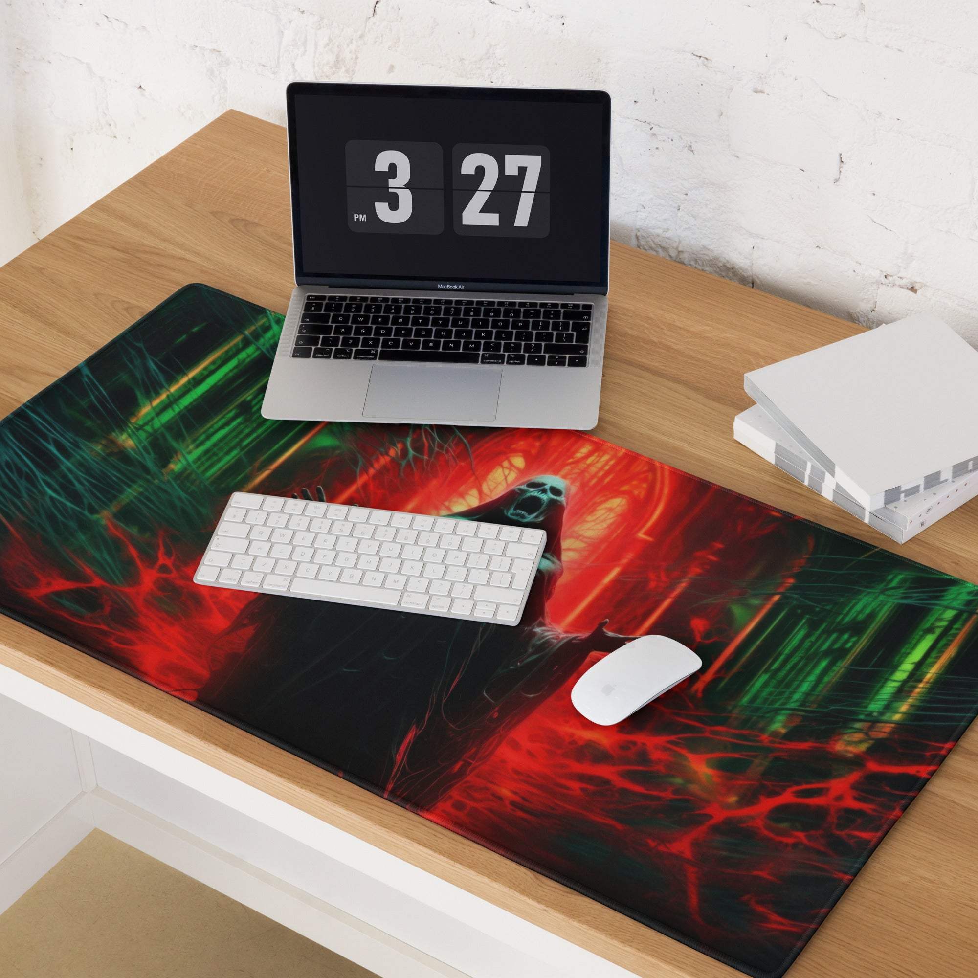 Vibrant red green gothic neon gaming mousepad with spectral figure