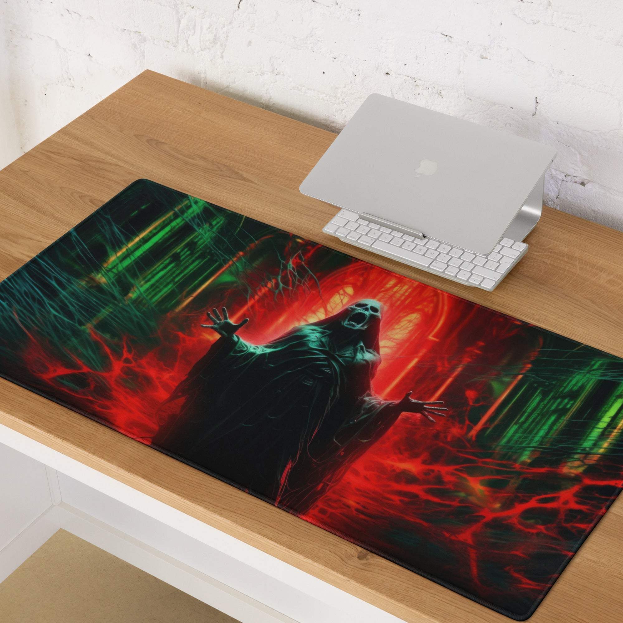 Dark gothic neon red green gaming mousepad with spectral figure