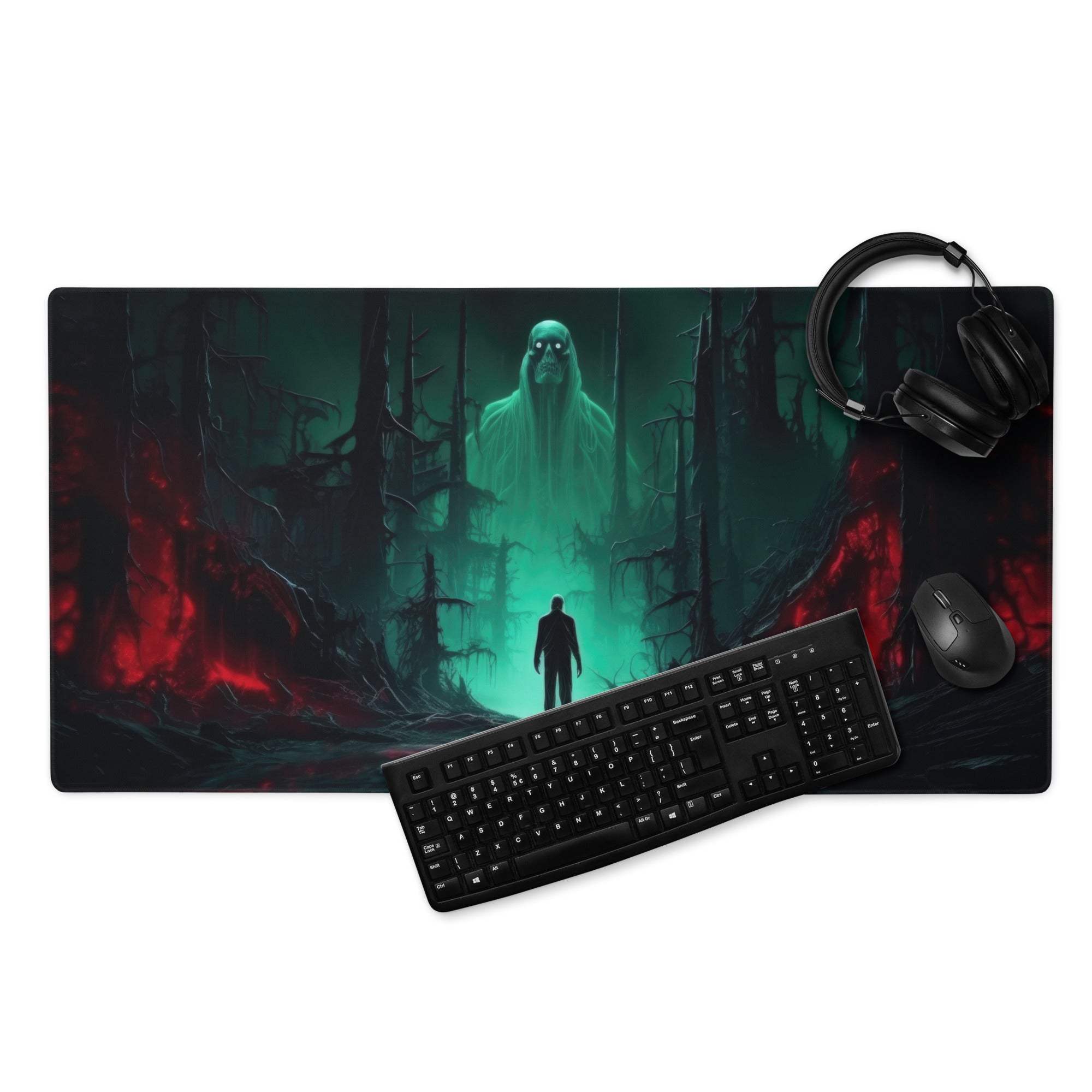 Epic dark fantasy neon green forest gaming mouse pad with ghost figure