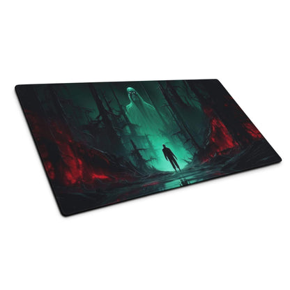 Dark fantasy gaming mousepad with neon green spectral figure in forest