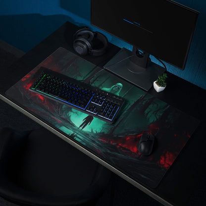 Epic dark fantasy neon green forest gaming mouse pad with edge stitching