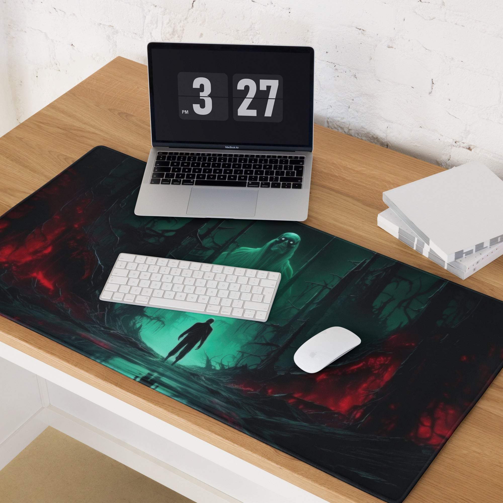 Epic dark fantasy neon green forest gaming mouse pad with ghostly figure