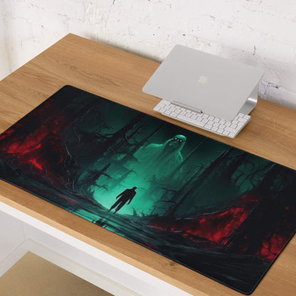 Epic dark fantasy neon green forest gaming mouse pad with edge stitching