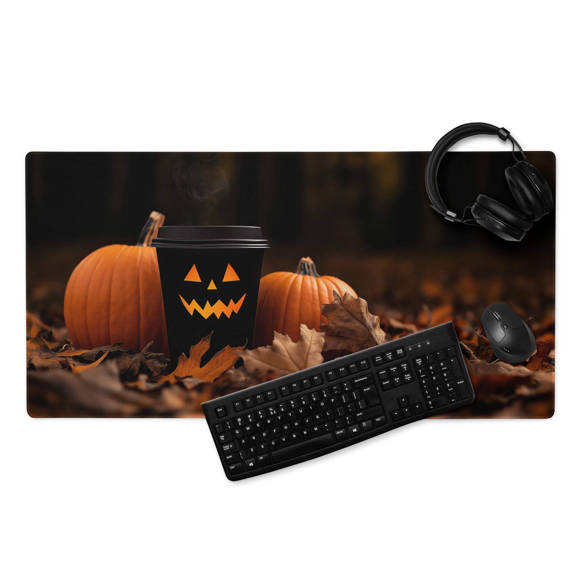 Moody Autumn Halloween gaming mouse pad with jack-o-lantern coffee cup