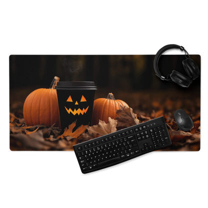 Moody Autumn Halloween gaming mouse pad with jack-o-lantern coffee cup