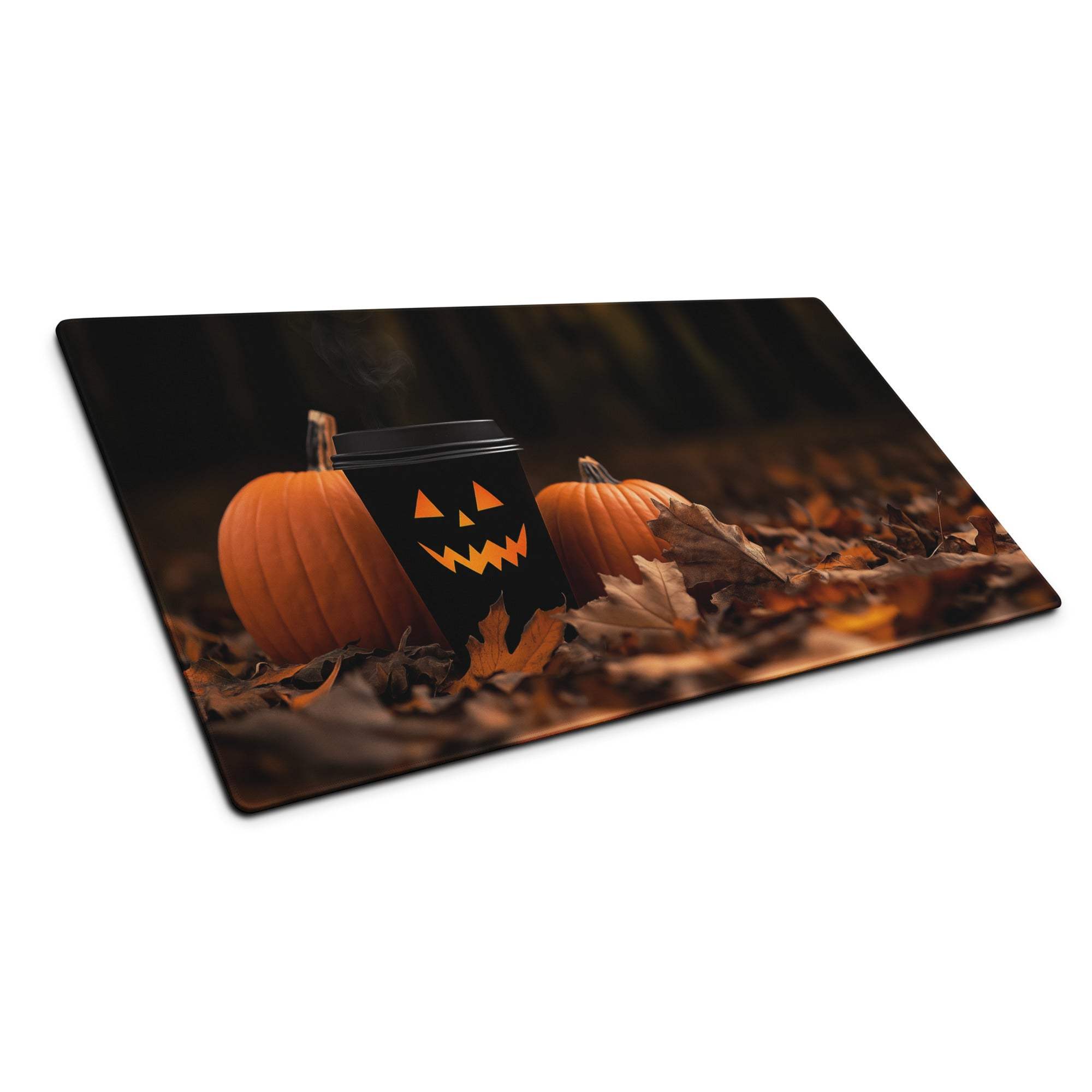 Halloween jack-o-lantern coffee cup on moody autumn gaming mouse pad