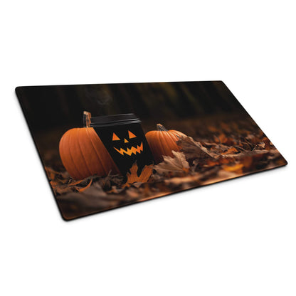 Halloween jack-o-lantern coffee cup on moody autumn gaming mouse pad