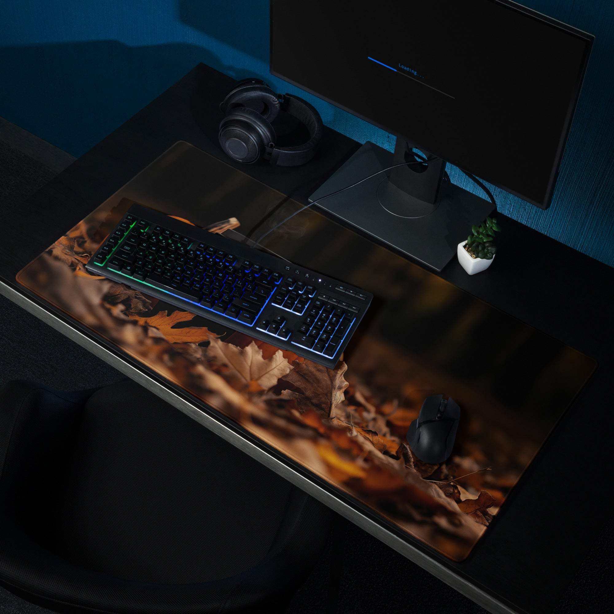 Moody Autumn Halloween gaming mousepad with brown orange leaves print