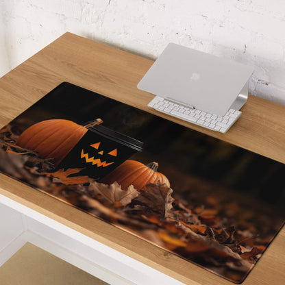 Black Halloween gaming mousepad with orange pumpkins and jack-o-lantern