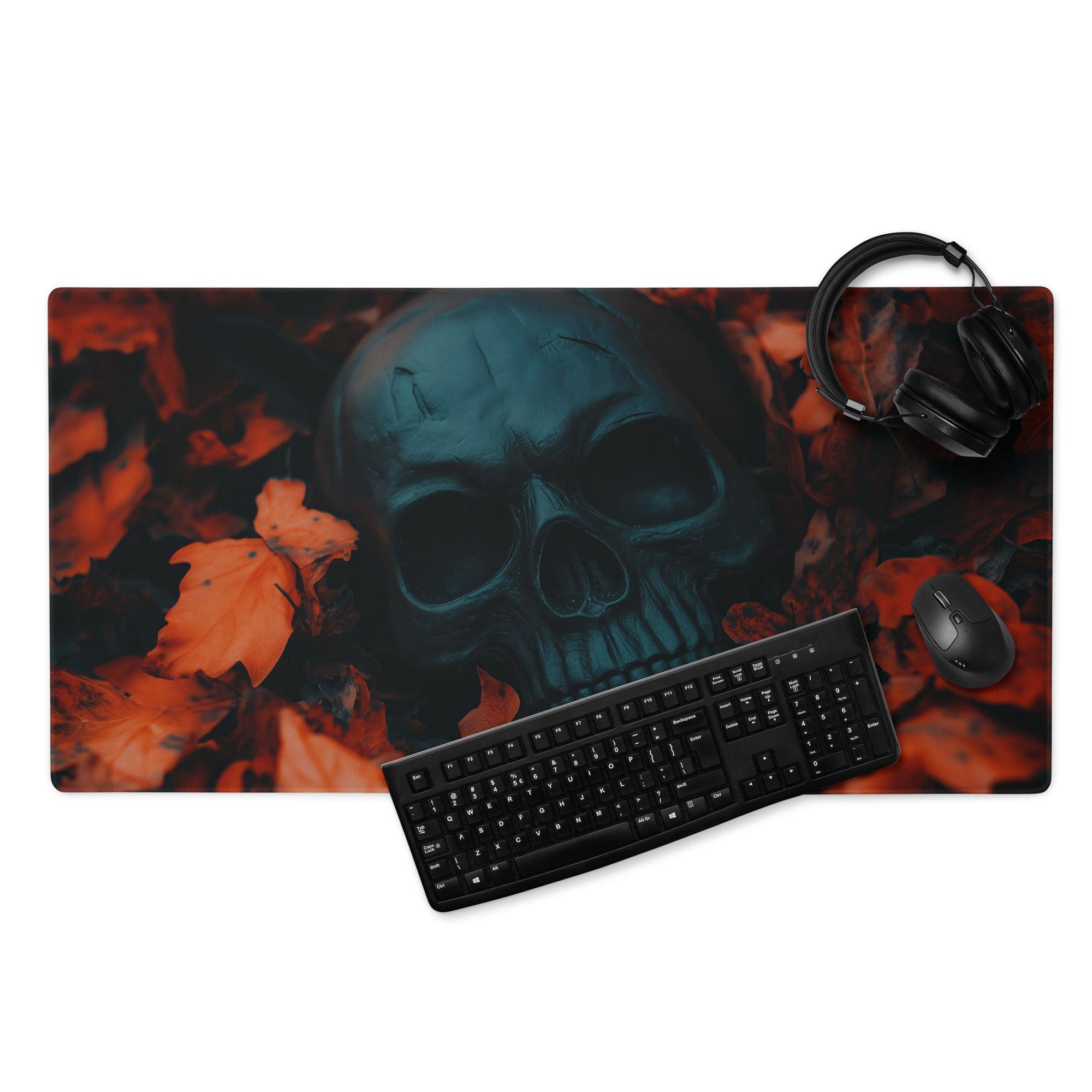 Gothic skull gaming mousepad with fiery orange autumn leaves