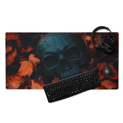 Gothic skull gaming mousepad with fiery orange autumn leaves
