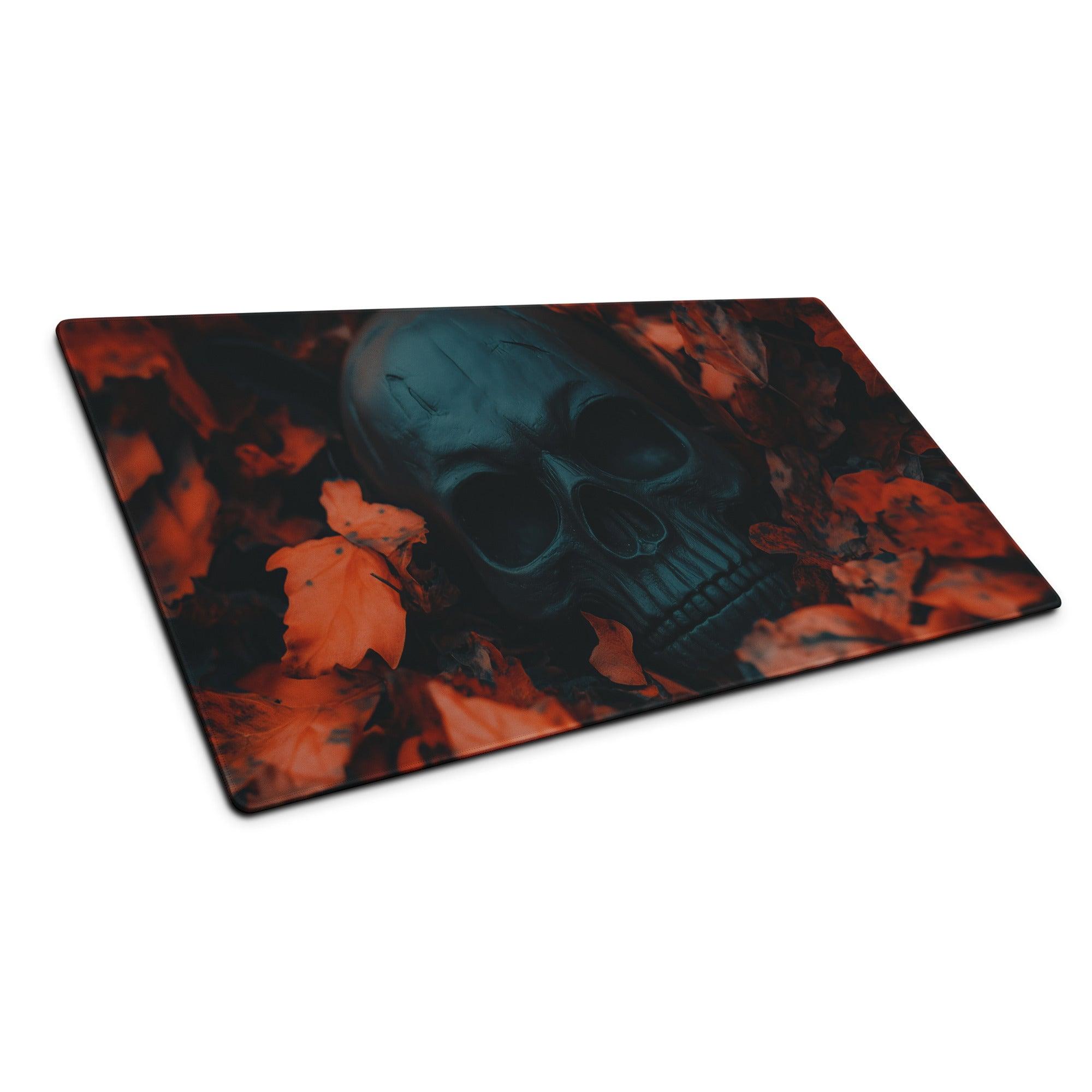 Gothic skull in autumn leaves on dark teal ergonomic gaming mouse pad