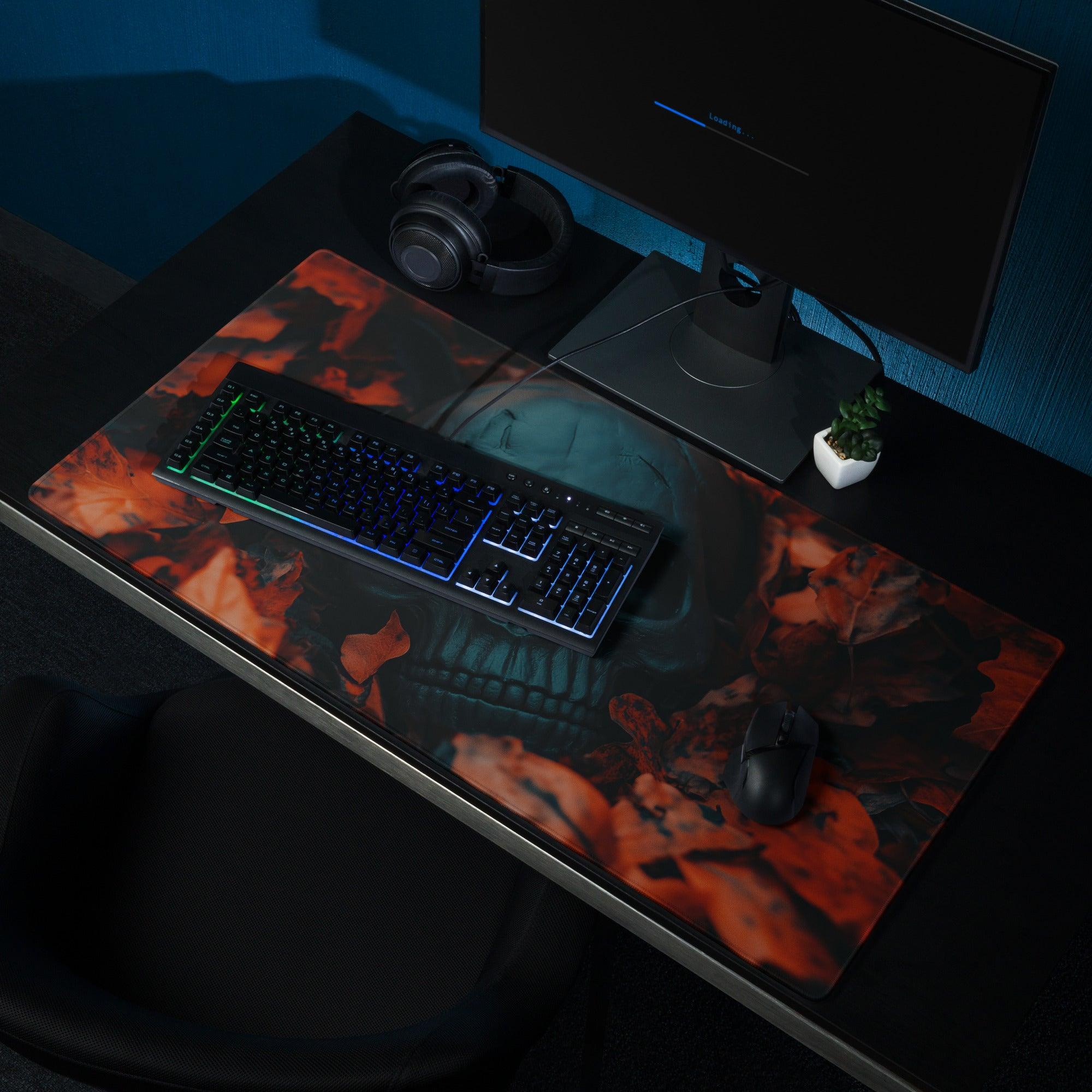 Gothic skull among autumn leaves gaming mouse pad with RGB fiery orange black design