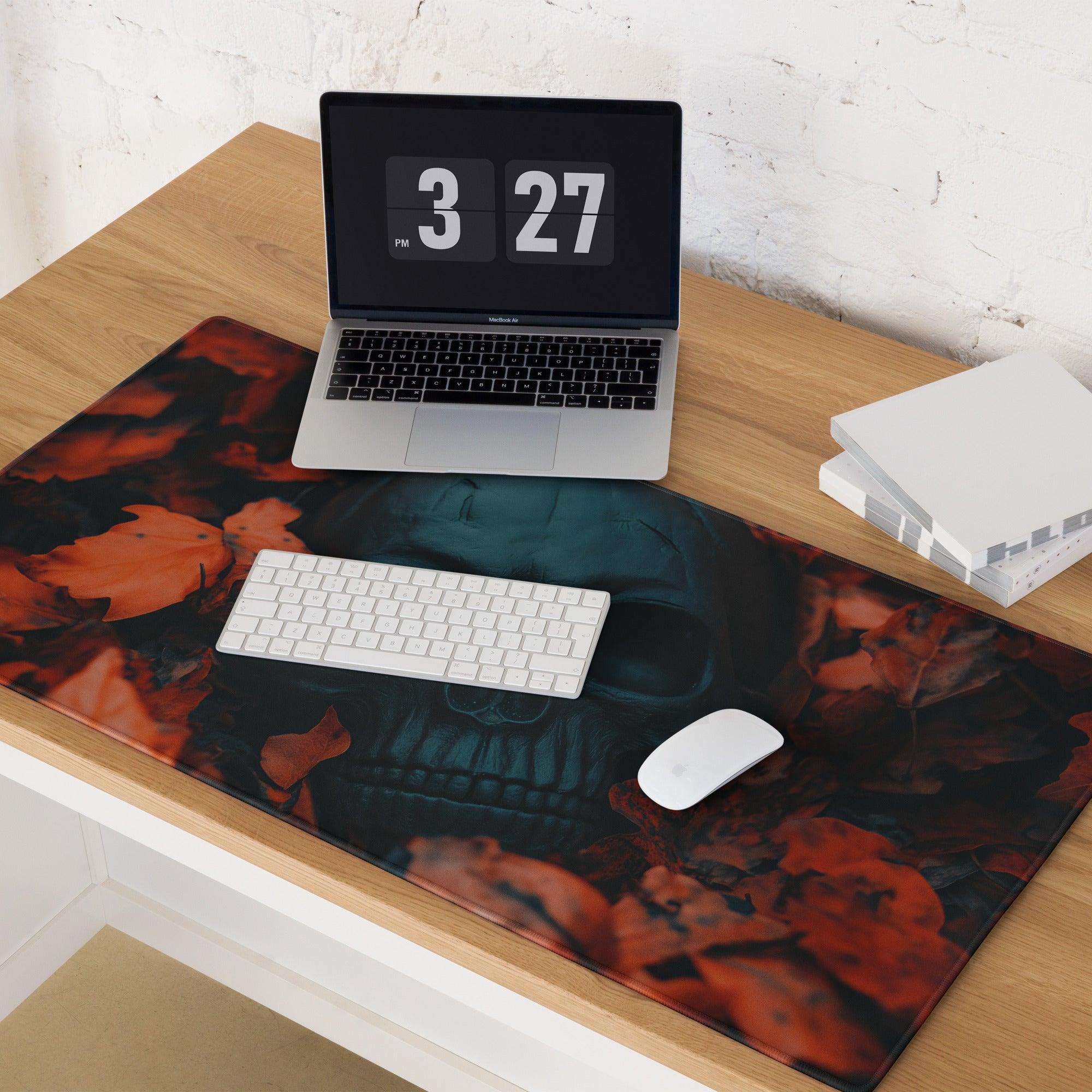 Black orange skull matte gaming mousepad with autumn leaves design