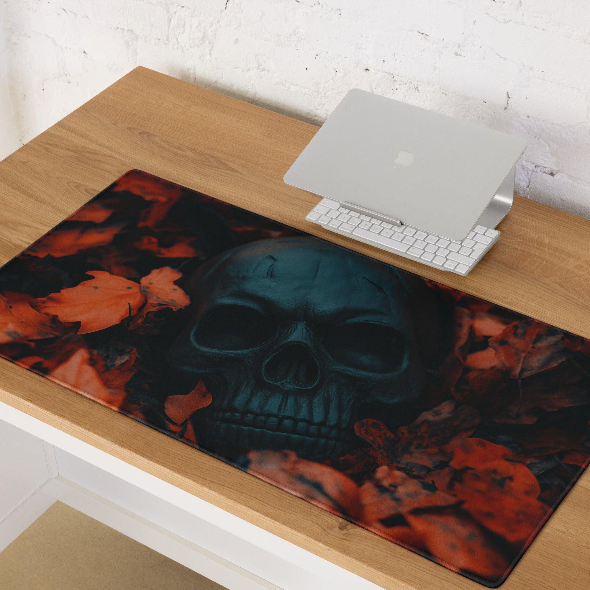 Gothic skull among autumn leaves gaming mouse pad with ergonomic surface