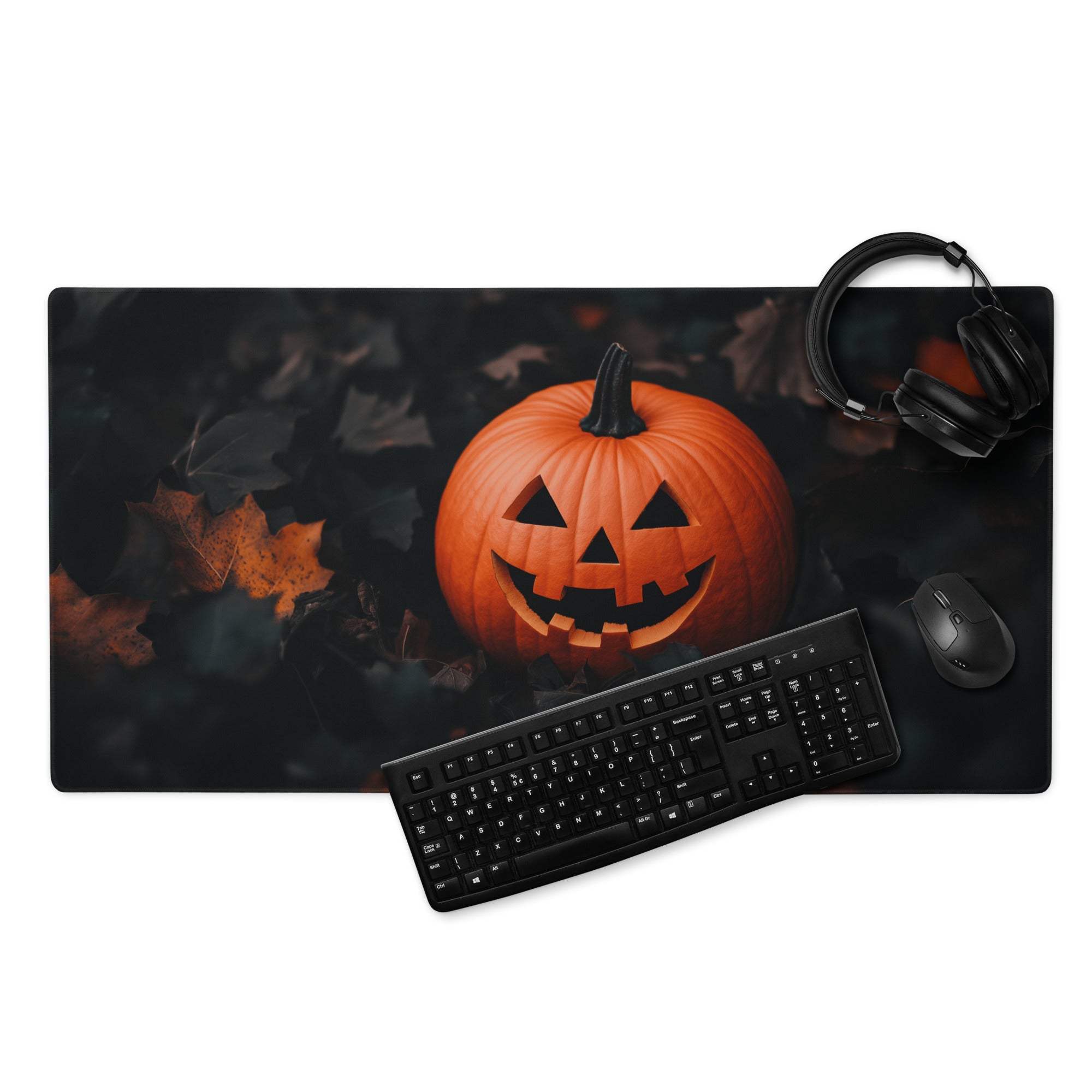 Halloween orange jack-o-lantern gaming mousepad with black leaves dark design