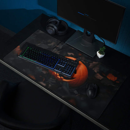 Black Halloween pumpkin mouse pad with glowing jack-o-lantern, leaves, edge stitching