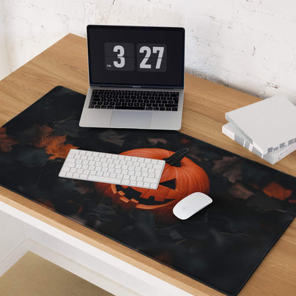 Black Halloween pumpkin jack-o-lantern gaming mouse pad with dark leafy background