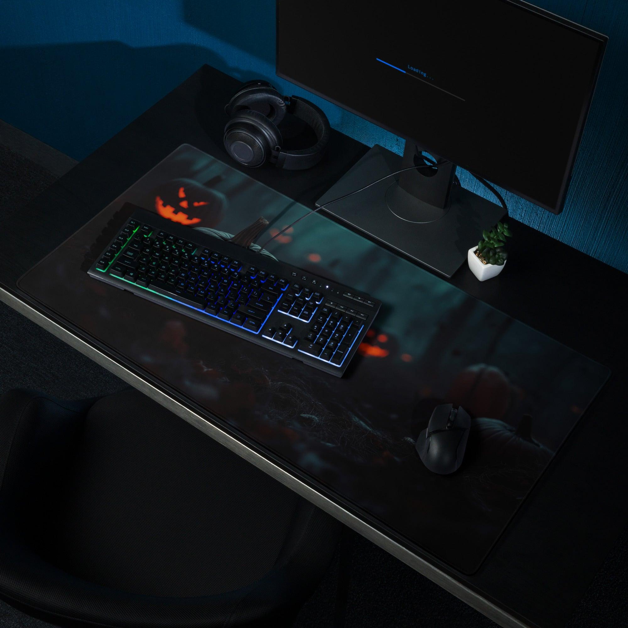 Black Halloween pumpkin gaming mouse pad with glowing orange jack-o-lantern, large non-slip base