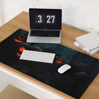 Black Halloween pumpkin gaming mouse pad with glowing jack-o-lanterns