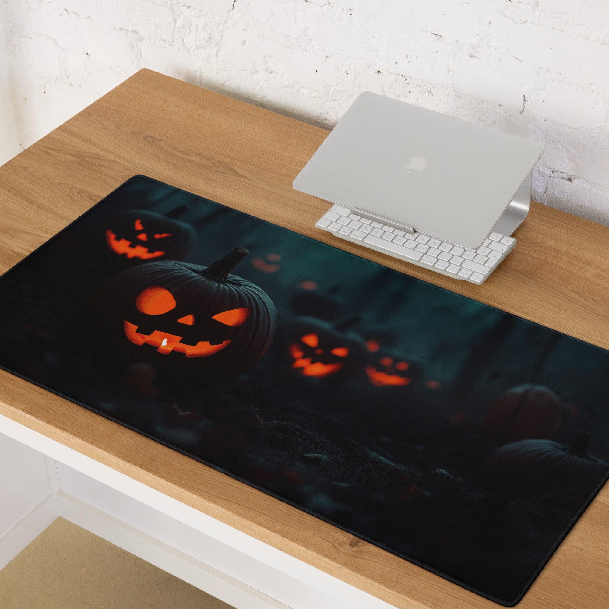Large moody Halloween pumpkin night gaming mouse pad with glowing jack-o-lanterns