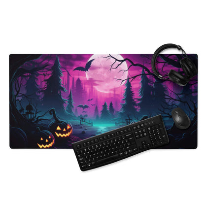Neon Halloween forest gaming mouse pad with purple pink moonlit scene