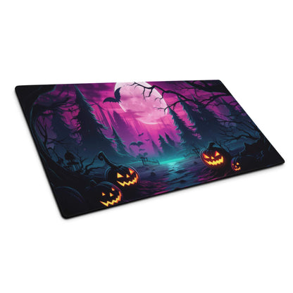 Neon Halloween forest gaming mouse pad with glowing jack-o-lanterns