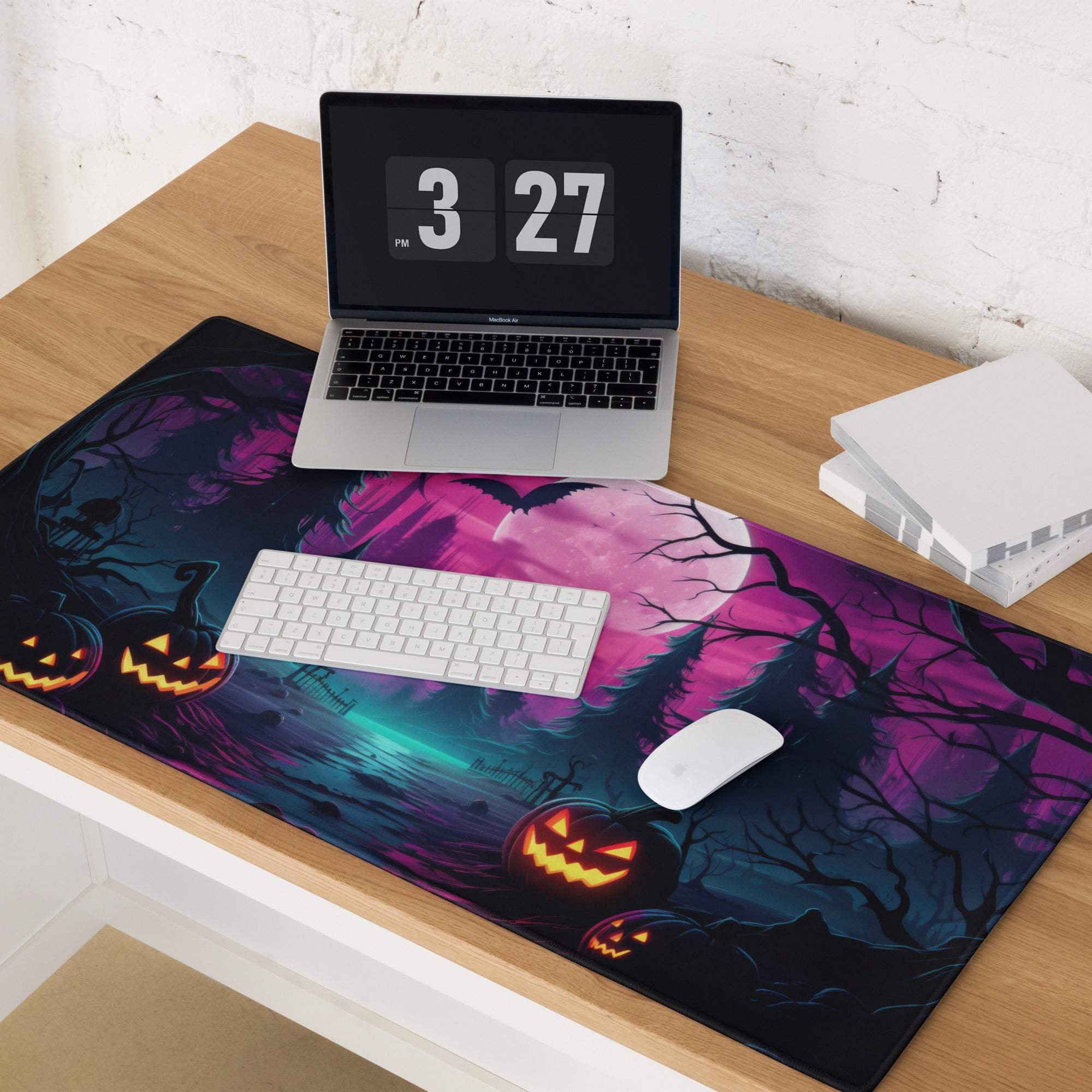 Neon Halloween forest gaming mouse pad with jack-o-lanterns, purple black teal colors, large size, non-slip base