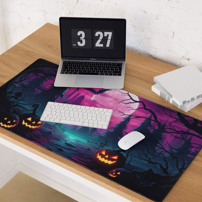 Neon Halloween forest gaming mouse pad with jack-o-lanterns, purple black teal colors, large size, non-slip base