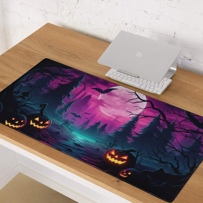 Vibrant purple black Neon Halloween Forest gaming mouse pad with jack-o-lanterns bats moon trees